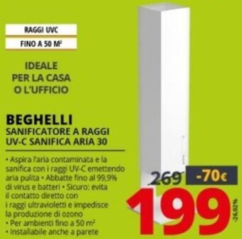 Comet Beghelli Sanificatore A Raggi UV-C Sanifica Aria 30 offerta
