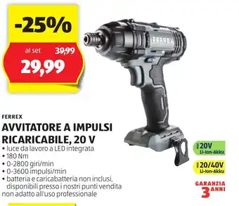 ALDI FERREX AVVITATORE A IMPULSI RICARICABILE, 20 V offerta