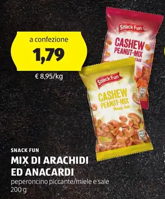 ALDI SNACK FUN MIX DI ARACHIDI ED ANACARDI peperoncino piccante/miele e sale 200 g offerta