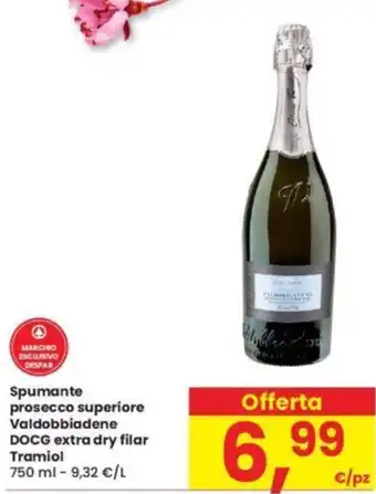 Eurospar Spumante prosecco superiore Valdobbiadene DOCG extra dry filar Tramiol 750 ml offerta