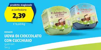 ALDI MONARC UOVA DI CIOCCOLATO CON CUCCHIAIO gusti vari 144 g offerta
