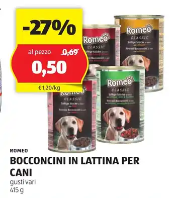 ALDI ROMEO BOCCONCINI IN LATTINA PER CANI gusti vari 415 g offerta