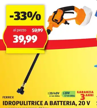 ALDI FERREX IDROPULITRICE A BATTERIA, 20 V offerta