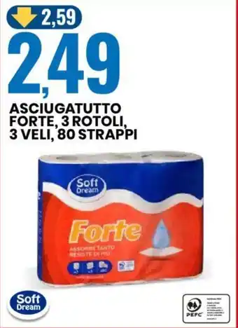 Eurospin Soft Dream ASCIUGATUTTO FORTE, 3 ROTOLI, 3 VELI, 80 STRAPPI offerta