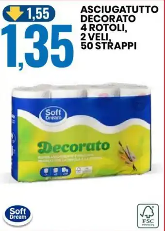 Eurospin Soft Dream ASCIUGATUTTO DECORATO 4 ROTOLI, 2 VELI, 50 STRAPPI offerta