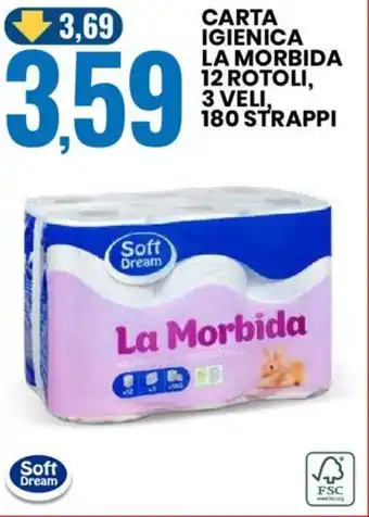 Eurospin Soft Dream CARTA IGIENICA LA MORBIDA 12 ROTOLI, 3 VELI, 180 STRAPPI offerta