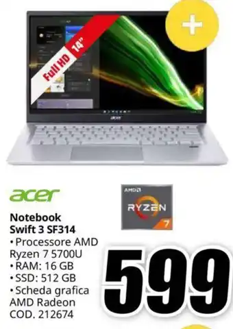 MediaWorld acer Notebook Swift 3 SF314 offerta