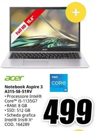 MediaWorld acer Notebook Aspire 3 A315-58-51RV offerta