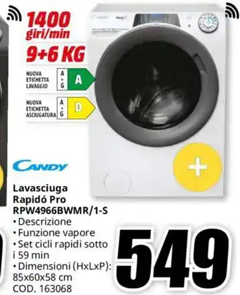 MediaWorld CANDY Lavasciuga Rapidó Pro RPW4966BWMR/1-S offerta