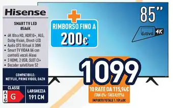 Unieuro Hisense SMART TV LED 85A6K offerta