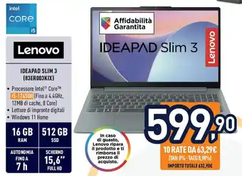 Unieuro Lenovo IDEAPAD SLIM 3 (83ER003KIX) offerta