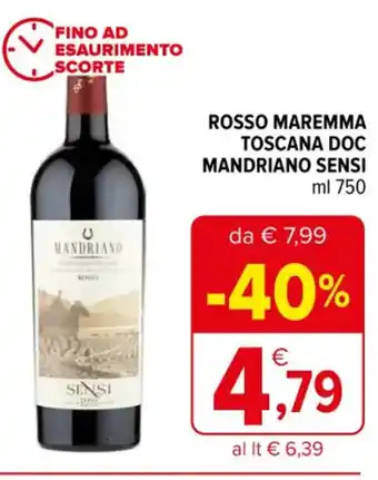 Iperal ROSSO MAREMMA TOSCANA DOC MANDRIANO SENSI ml 750 offerta