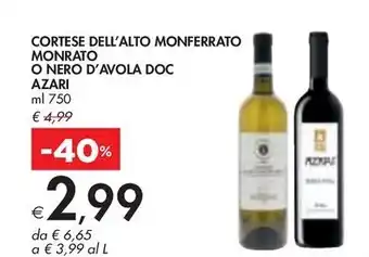 Bennet CORTESE DELL'ALTO MONFERRATO MONRATO O NERO D'AVOLA DOC AZARI offerta