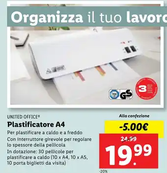 Lidl UNITED OFFICE Plastificatore A4 offerta