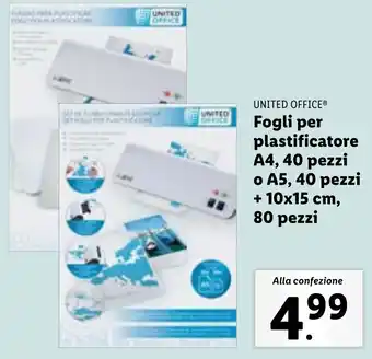 Lidl UNITED OFFICE Fogli per plastificatore A4, 40 pezzi o A5, 40 pezzi offerta