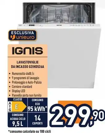 Unieuro IGNIS LAVASTOVIGLIE DA INCASSO G2IHD526A offerta