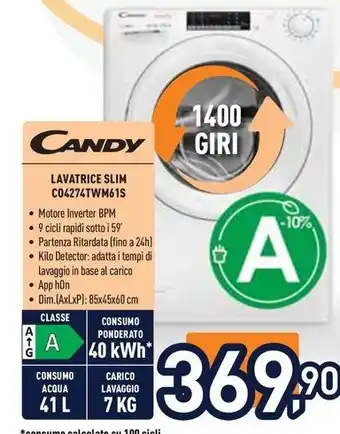 Unieuro CANDY LAVATRICE SLIM C04274TWM61S offerta