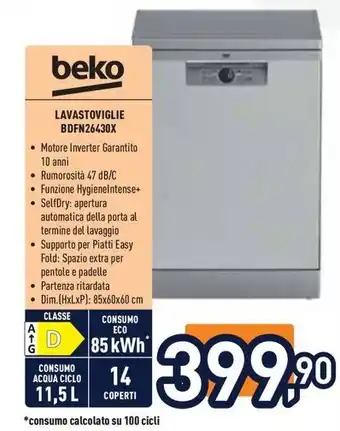 Unieuro beko LAVASTOVIGLIE BDFN26430X offerta