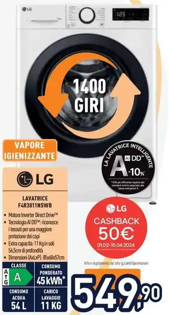 Unieuro LG LAVATRICE F4R3011NSWB offerta