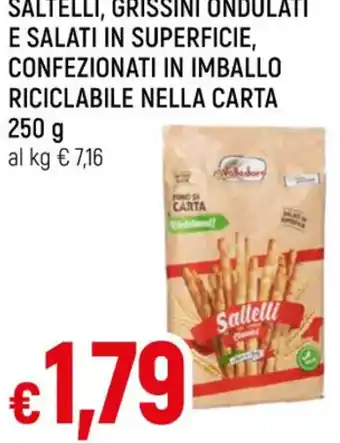 Famila Superstore SALTELLI, GRISSINI ONDULATI E SALATI IN SUPERFICIE, CONFEZIONATI IN IMBALLO RICICLABILE NELLA CARTA 250 g offerta