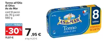 Carrefour Tonno all'Olio di Oliva As do Mar conf 8 pezzi da 70 g cad 560 g offerta