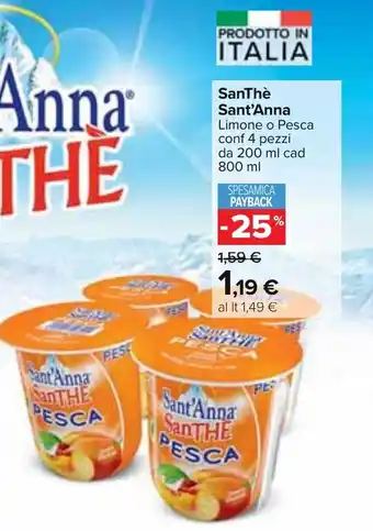 Carrefour SanThè Sant'Anna Limone o Pesca conf 4 pezzi da 200 ml cad 800 ml offerta