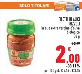 Conad City FILETTI DI ALICI RIZZOLI in olio extra vergine d'oliva biologico 58 g offerta