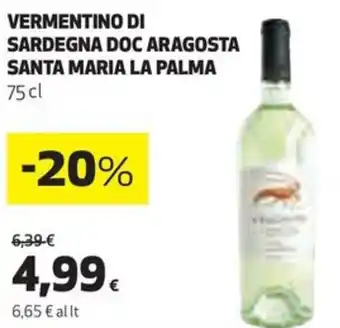 Coop VERMENTINO DI SARDEGNA DOC ARAGOSTA SANTA MARIA LA PALMA 75 cl offerta