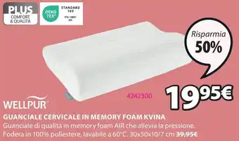 JYSK WELLPUR GUANCIALE CERVICALE IN MEMORY FOAM KVINA 30x50x10/7 cm offerta