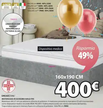 JYSK DREAMZONE MATERASSO IN SCHIUMA GOLD F95 160 x 190 cm offerta