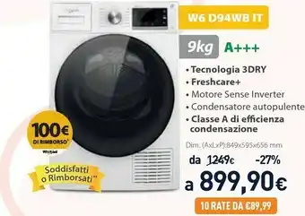 Unieuro W6 d94wb it asciugatrice libera installazione caricamento frontale 9 kg a+++ bianco offerta
