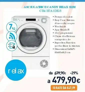 Unieuro Slim smart cs4 h7a1de-s asciugatrice libera installazione caricamento frontale 7 kg a+ bianco offerta