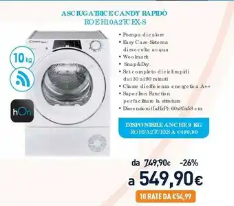 Unieuro Ro h10a2tcex-s asciugatrice libera installazione caricamento frontale bianco 10 kg a++ offerta