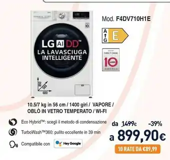 Unieuro F4dv710h1e lavasciuga intelligente aidd 10,5/7 kg vapore turbowash 360 1400 giri/min carica frontale classe e offerta