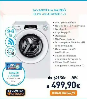 Unieuro Rapidó row 4964dwme/1-s lavasciuga libera installazione caricamento frontale bianco d offerta