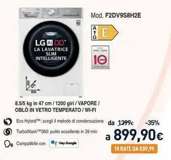 Unieuro F2dv9s8h2e lavasciuga slim intelligente aidd 8.5/5kg vapore turbowash 360 1200 giri/min carica frontale classe e offerta
