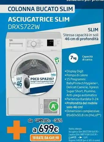 Unieuro Drxs722w libera installazione caricamento frontale bianco 7 kg a++ offerta