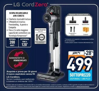 Unieuro Aspirapolvere a9k-core1s scopa elettrica senza sacchetto senza filo 200w doppia batteria - argento offerta
