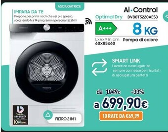 Unieuro Dv80t5220ae asciugatrice libera installazione caricamento frontale 8 kg a+++ bianco offerta