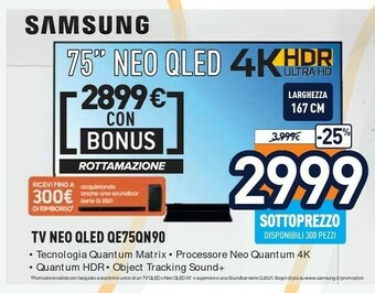 Unieuro Tv neo qled 4k 75” qe75qn90a smart tv wi-fi titan black 2021 offerta