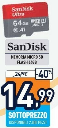 Unieuro Sandisk memoria micro sd flash 64gb offerta
