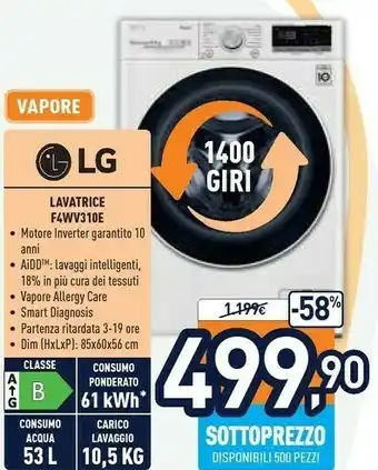 Unieuro F4wv310s4e lavatrice intelligente aidd 10,5kg vapore 1400 giri/min carica frontale classe b offerta