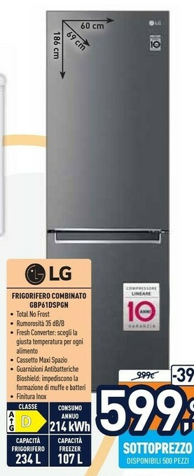 Unieuro Gbp61dspgn frigorifero con congelatore libera installazione 341 l d grafite offerta