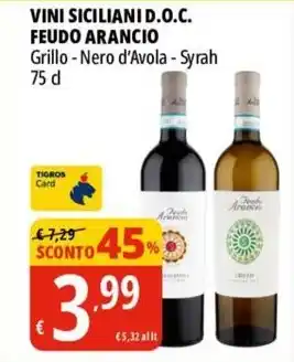 Tigros VINI SICILIANI D.O.C. FEUDO ARANCIO Grillo Nero d'Avola - Syrah 75 cl offerta