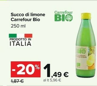 Carrefour Carrefour bio - succo di limoni biologici di sicilia 250 g(ml) offerta