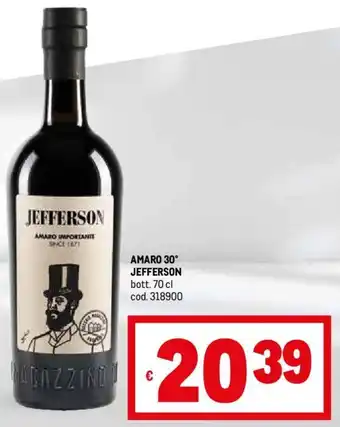 Metro AMARO 30° JEFFERSON bott. 70 cl offerta