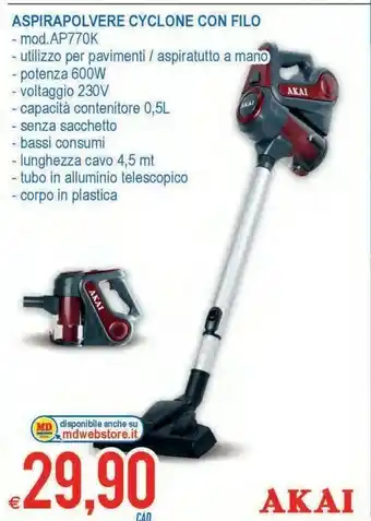 MD Discount Aspirapolvere cyclone con filo ap770k offerta