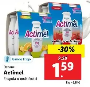 Lidl Danone Actimel Fragola o multifrutti 4x100 g confezione offerta