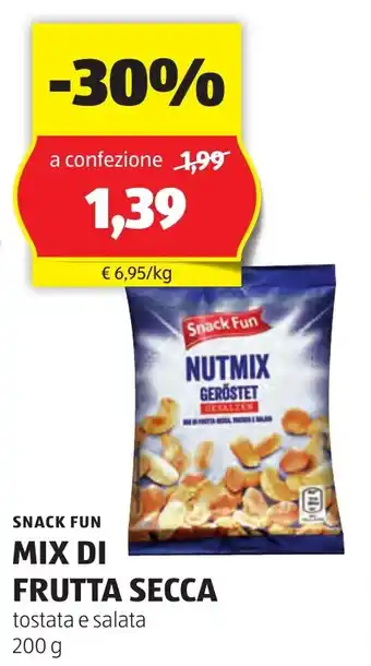 ALDI SNACK FUN MIX DI FRUTTA SECCA tostata e salata 200 g offerta