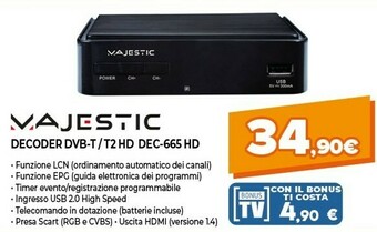 Expert Majestic decoder dvb-t/t2 hd dec-665 hd offerta